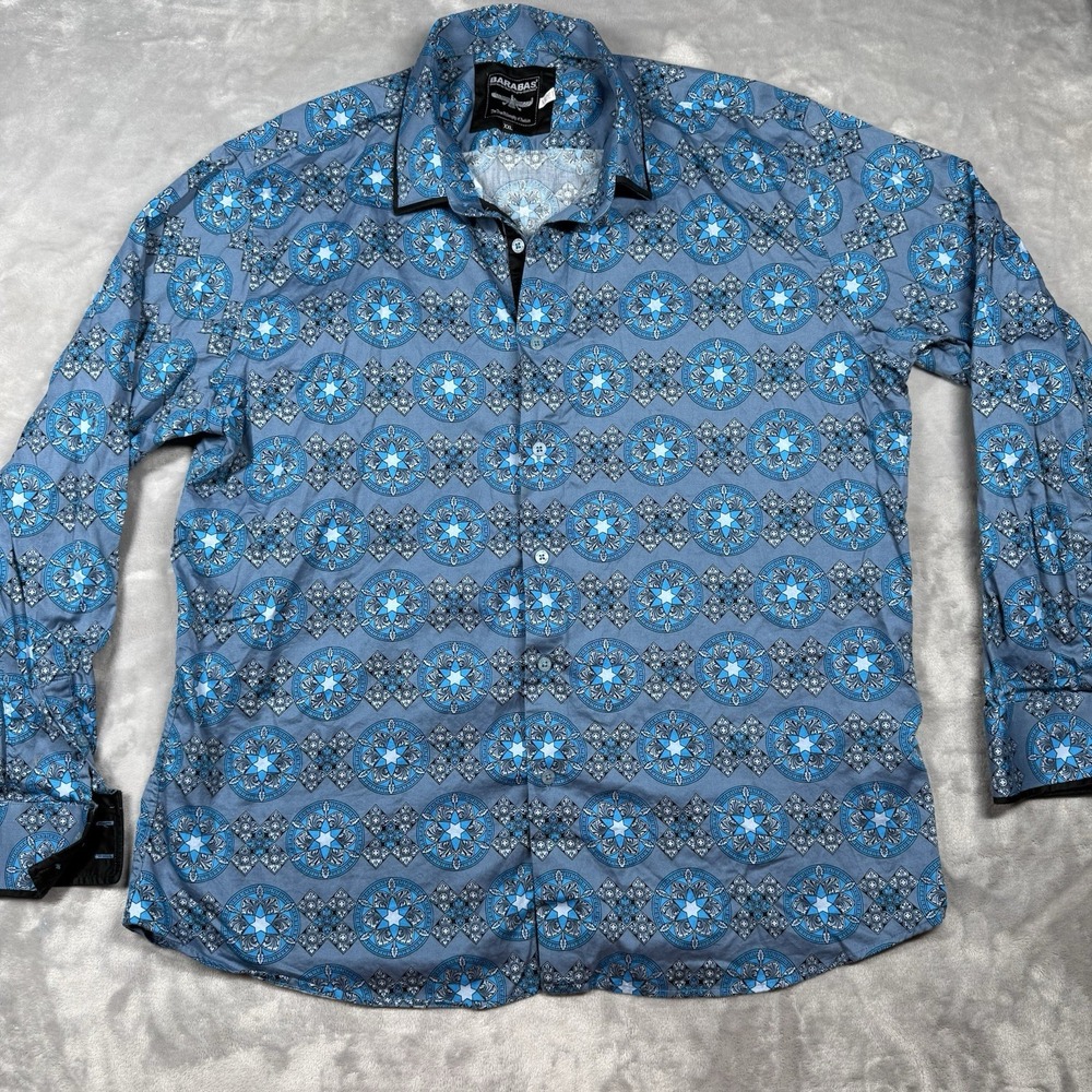 Barabas XXL Button Down Shirt Mens Blue Geometric Medallion Print Long Sleeve